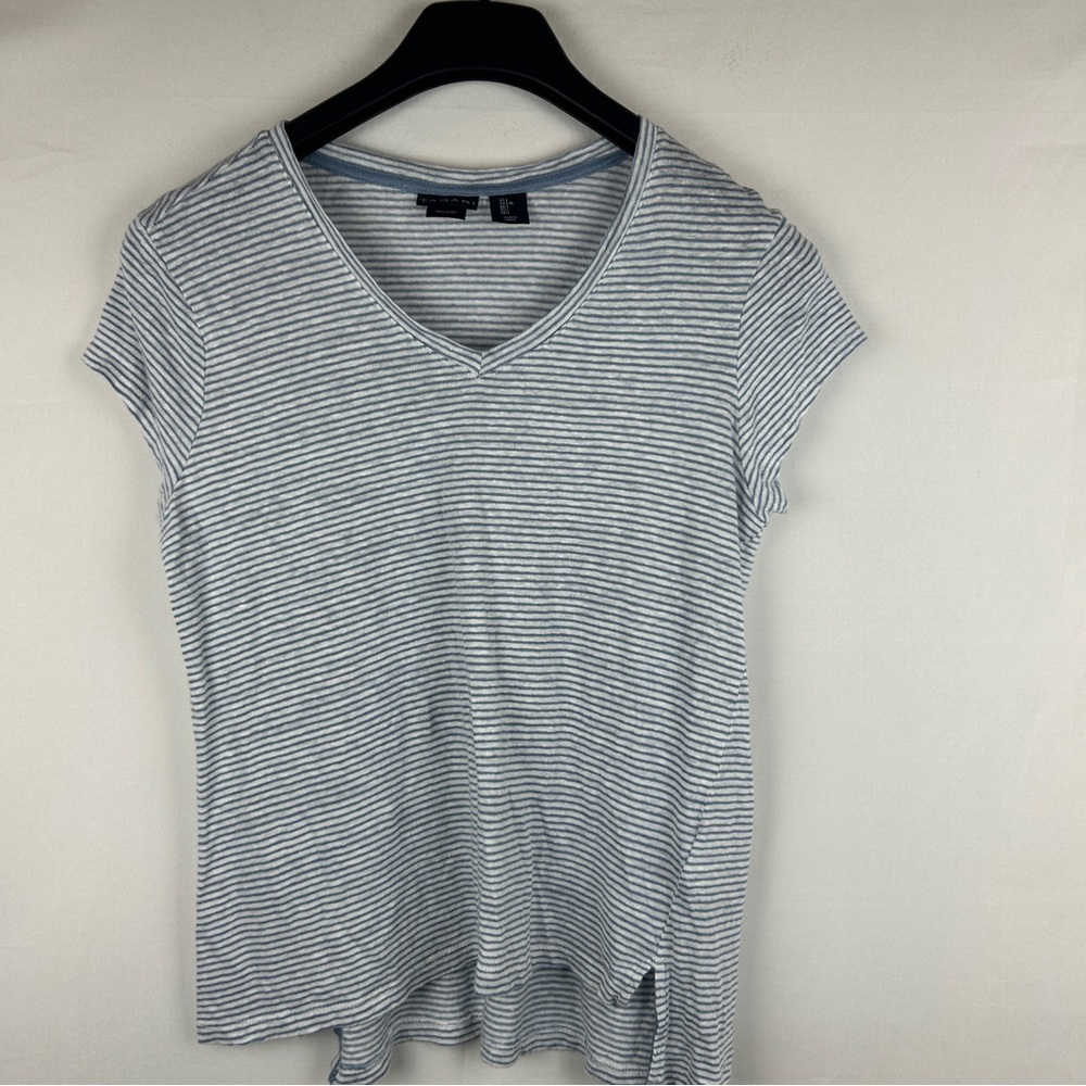 Tahari 100% linen striped asymmetrical Vneck Tee size L